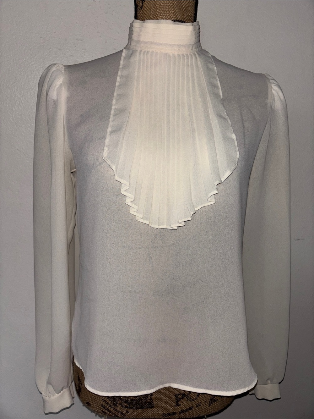 Vintage Women's Cream Pleated Bib High-Neck Blouse
